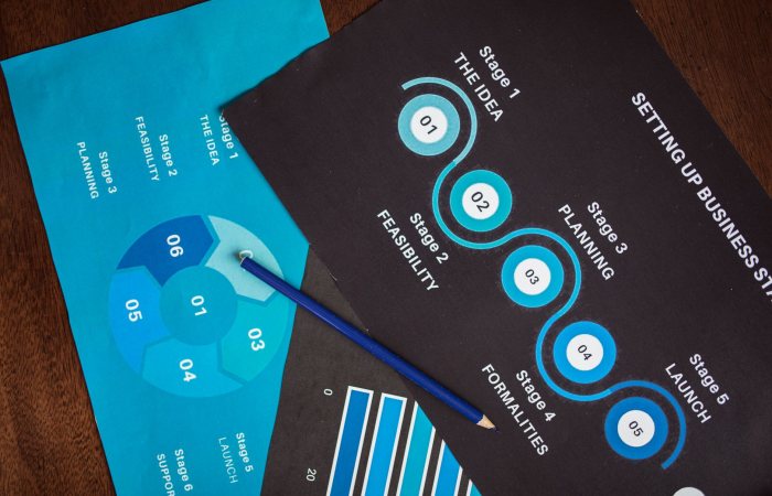 Top view of business strategy charts and diagrams highlighting stages and steps.