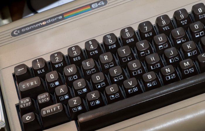 Detailed view of the classic Commodore 64 keyboard showcasing its vintage keys and design.